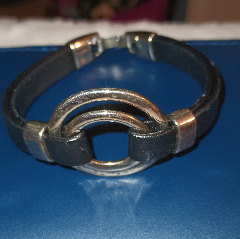 Men Silver Double Circle Leather Bracelets - image 1